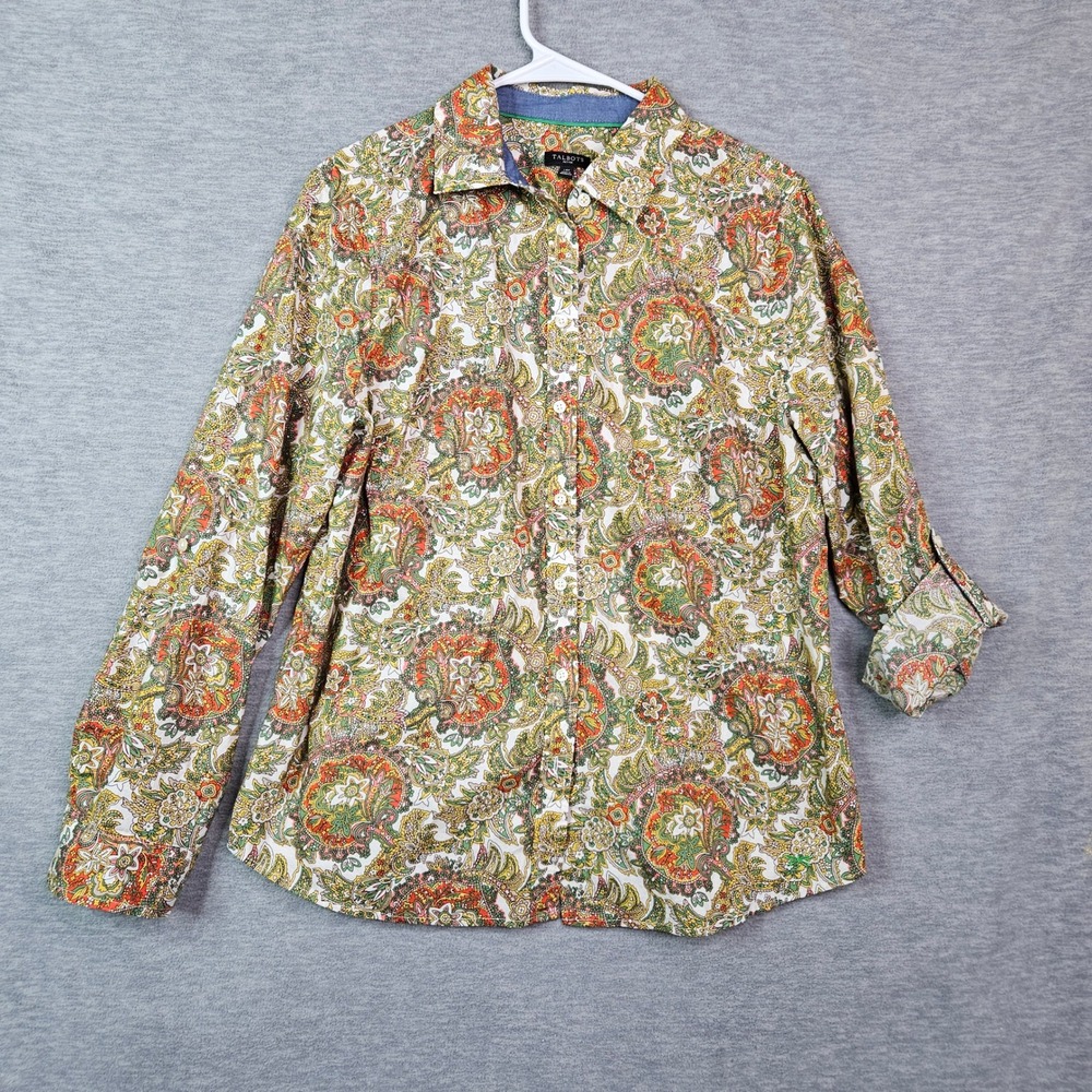 Talbots Petites 14P Cotton Paisley Button Down Roll Tab Sleeve Shirt Multi-Color